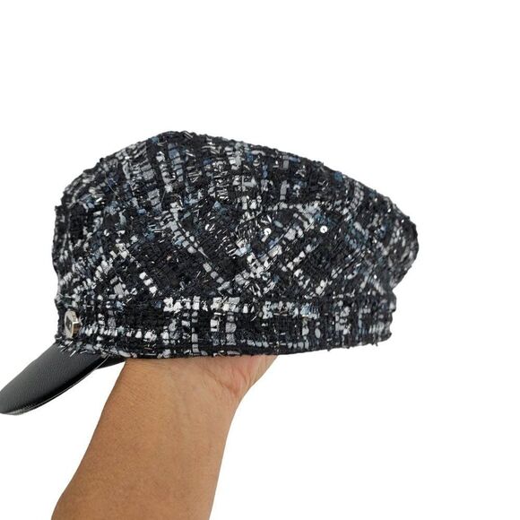 Juicy Couture Newsboy Cabbie Hat‎ Faux Leather Brim Blue Black Metallic Tweed main image 12